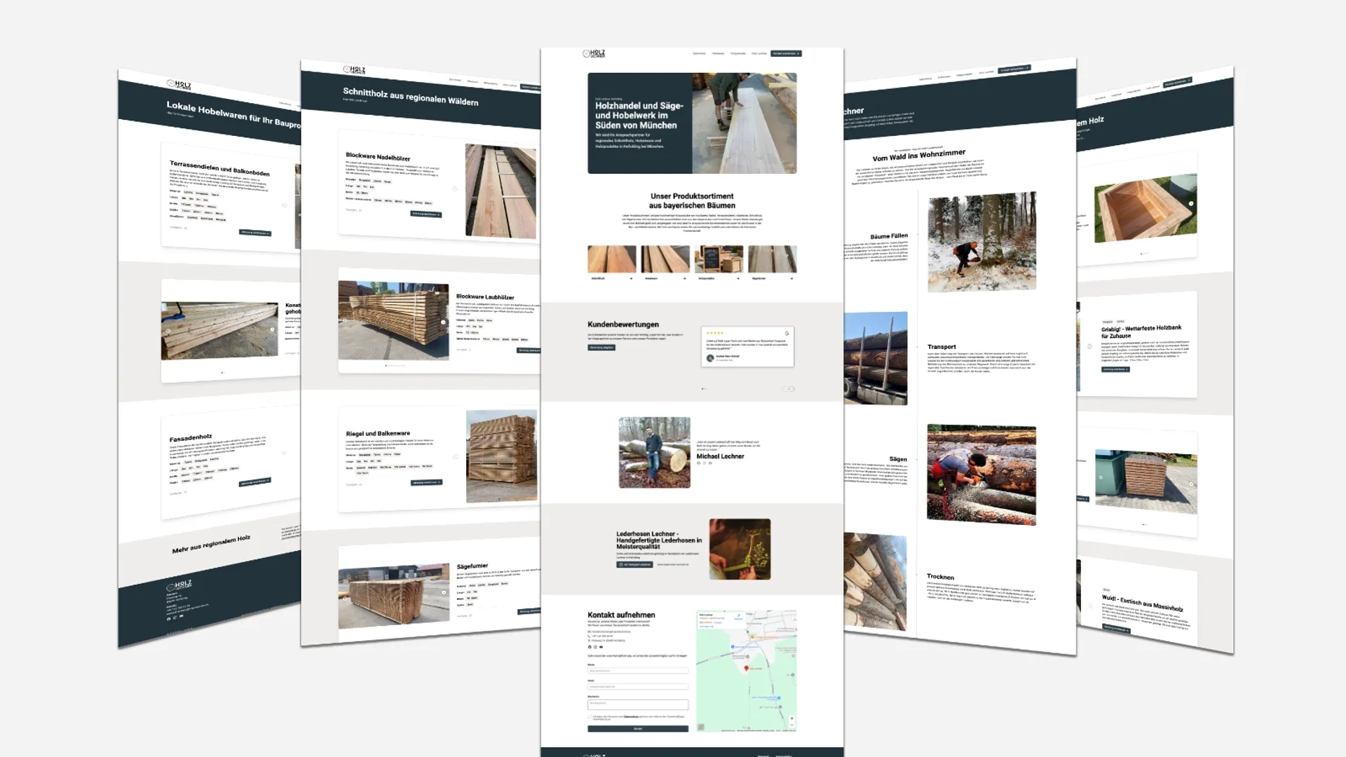 Mehrere Screenshots der Holz Lechner Website 3-dimensional angeordnet